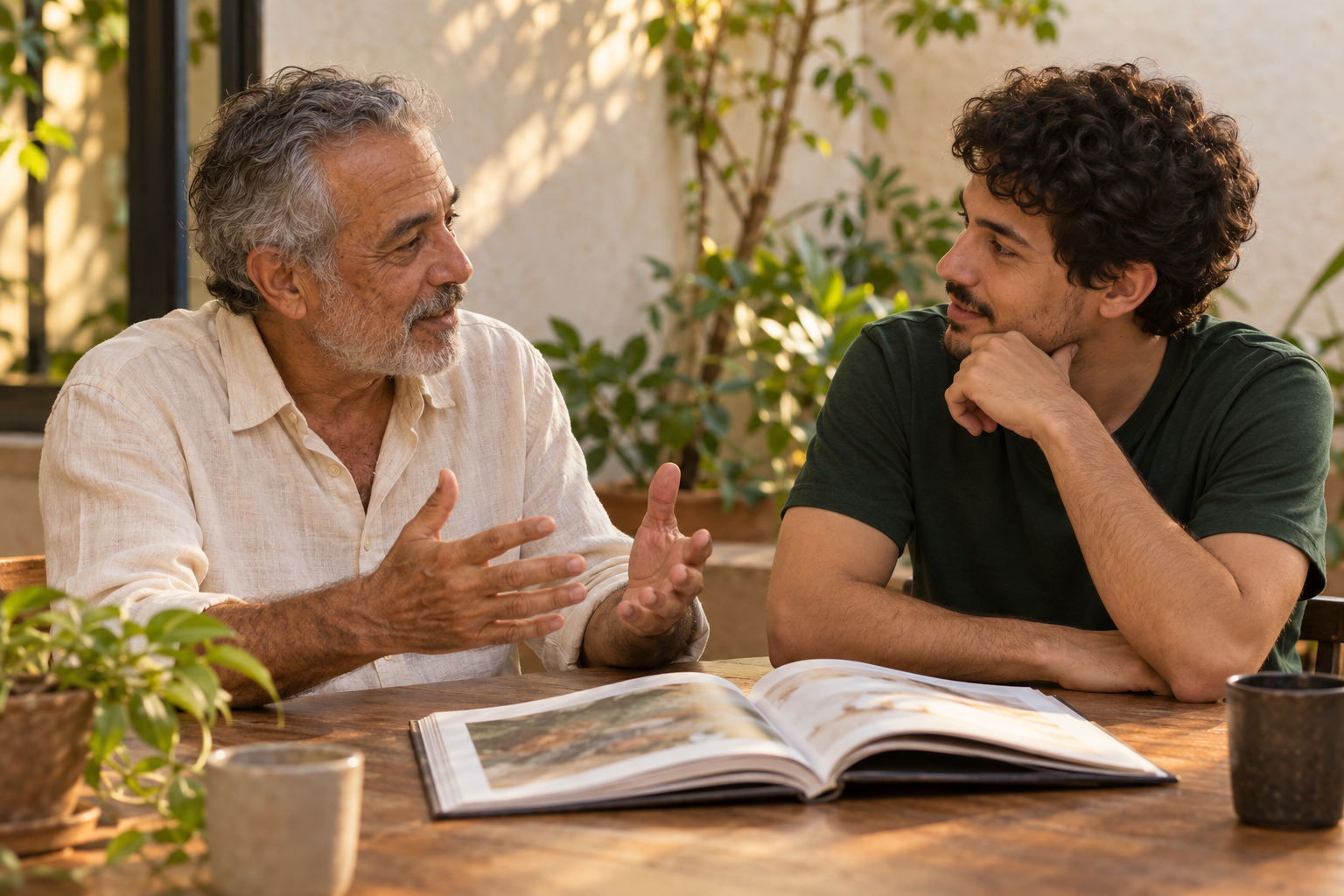 Cena ilustrativa de duas gerações lendo e conversando à mesa.